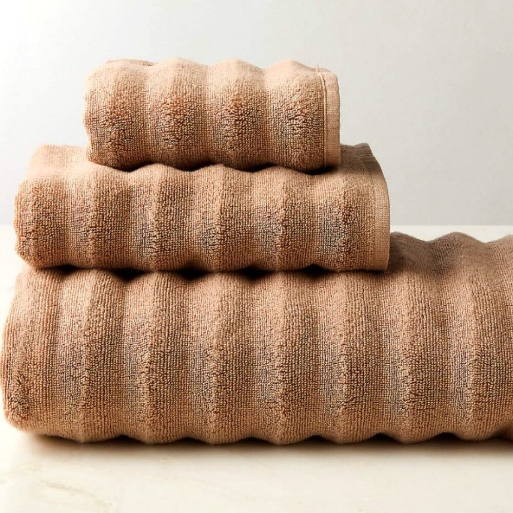 CB2 Matin Wavy Organic Cotton Brown Bath Towels (2) and Hand Towel (1) in Brown
